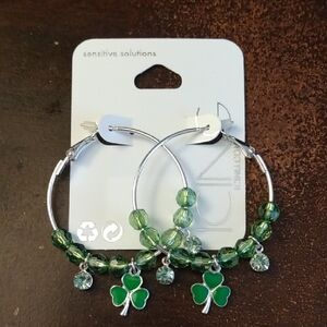 ICING Silver and Green Hoop Earrings with Shamrock Charms